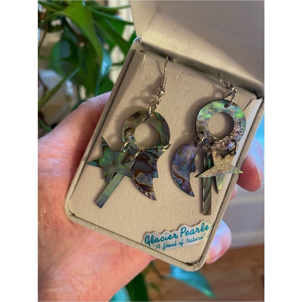 Abalone Glacier Pearls Shell Celestial Moon & Star Dangle Earrings - Picture 10 of 13